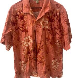 Tommy Bahama Mens Silk Aloha Shirt Coral Floral Palm Tree Print SzL Resortwear